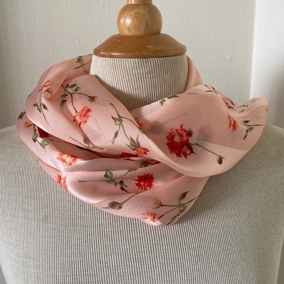 Summer Ready Scarf Orange Sherbet Color with Dainty Flower Pattern Silk - Picture 2 of 8